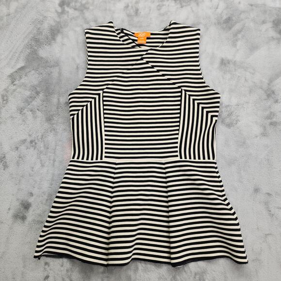 Joe Fresh Top Womens M Black Cream Striped Sleeveless Peplum Stretch Knit Zip - Picture 1 of 7